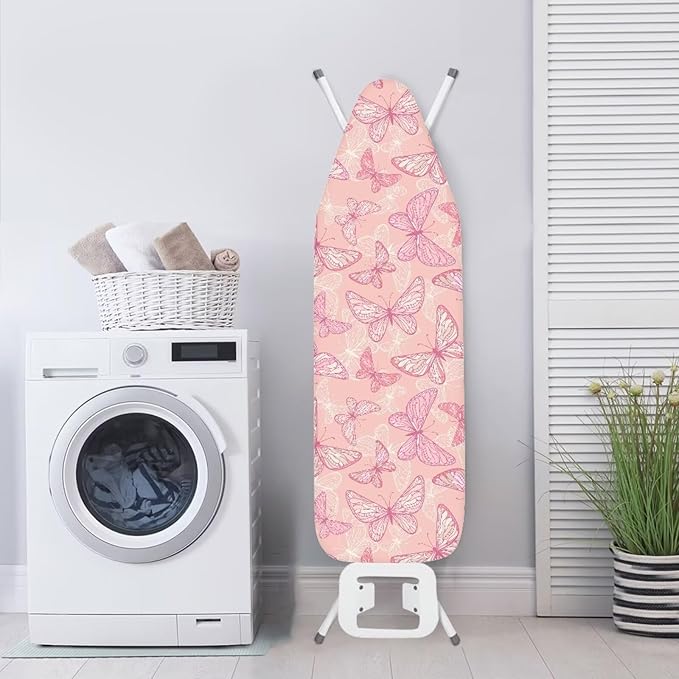 ZCFYGDX Breathable Ironing Board Cover Decor, Resist Scorching & Staining, 15x48 Wear & Soil Resistant Covers, Elastic Edges,3 Fasteners,Anti-Scorch Polyester Butterfly Pattern Pink Print