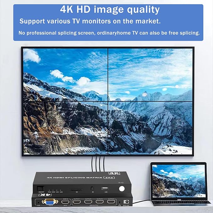 4-in4-out Video Wall Controller 2x2, HDMI & VGA & USB & SD Support 4K Input TV Wall Controller,1080P Output TV Wall Processor,180 Degree Rotate 1x2,1x3,1x4,2x2,2x1,3x1x4x1