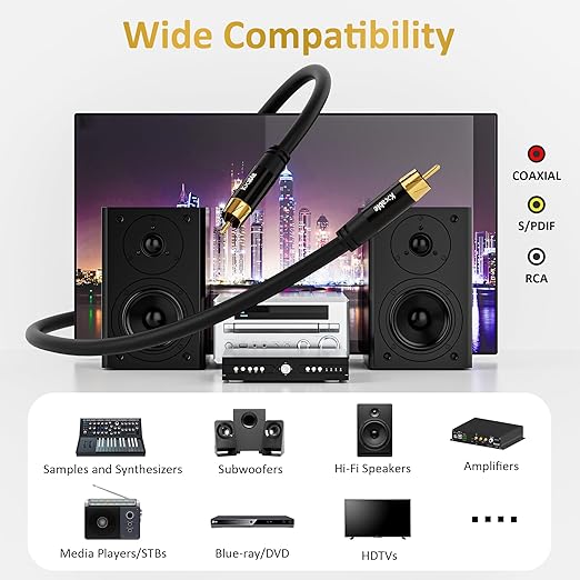 Subwoofer Cable RCA to RCA Audio Cable 6FT, Digital Coaxial Audio Cable, Premium S/PDIF RCA Cord for Home Theater, HDTV, Subwoofer, Hi-Fi System, Amplifier, 22AWG Tinned Copper, Double Shielded