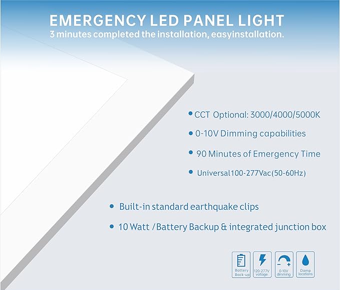 2X2 LED Flat Panel Light Emergency Battery Backup, 40W-3000K/4000K/5000K, 0-10V Dimmable, 4390 Lumens, LED Drop Ceiling Light, 100-277V, DLC and UL Listed, Ultra Thin Back-Lit (2 Pack)