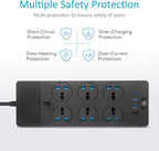 Universal Power Adapter, Jumpso 3000w Power Strip with 4 USB Ports (1 USB C), 6ft Extension Cord with International Outlets, 110-240v, European Travel Plug Adapter for Home Office Travel, Black
