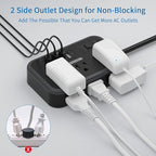 Flat Plug Extension Cord 10 Ft, NTONPOWER 6 Widely Spaced Outlet(2 Side) Power Strip with 4 USB Ports, Overload Protection, Wall Mount Charging Station for Home Office, Nightstand and dorm room, Black