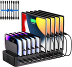 100W Charging Station for Multiple Devices, 10-Port USB Fast Charging Station with Adjustable Dividers & 10 Cables- Multi Device Organizer Charging Dock for iPhone, iPad, Tablets & More