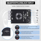 Audio Amplifier Board, ZK-1602T Bluetooth 5.0 Power Amp for Home Speakers 2.0 Channel 160W+160W Stereo Mini Amplifier Module TDA7498E Chip W/TB, USB, AUX, DC 15-36V