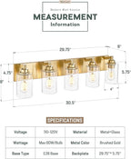 METWET 5-Light Bathroom Light Fixtures, 30 Inch Brushed Gold Vanity Light with Cylinder Clear Glass Shade, Modern Vanity Lighting Fixtures Over Mirror, VL143-BG-5