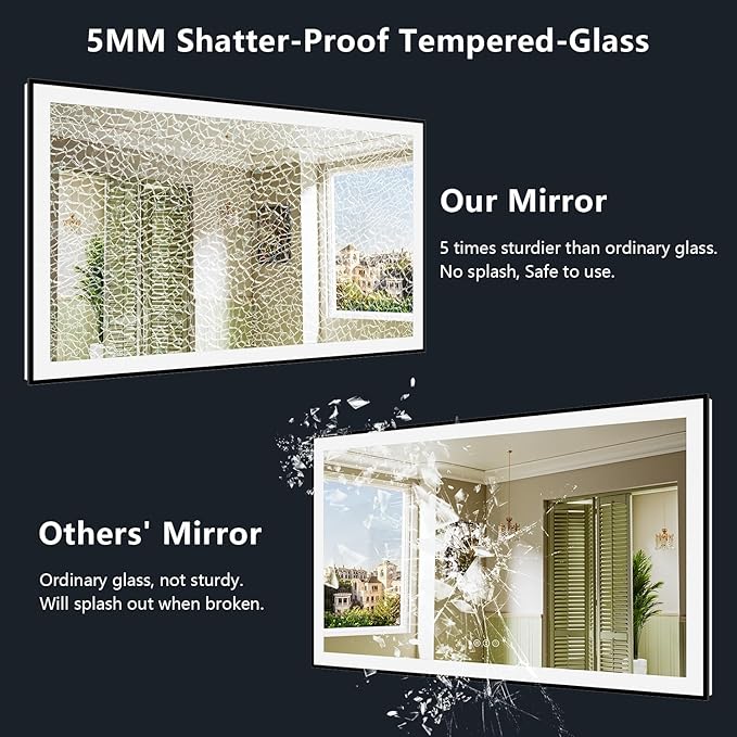 YEELAIT 60x40 Inch LED Bathroom Mirror with Lights (Front Lit and Backlit) Black Framed Lighted Vanity Mirror for Bathroom Wall Dimmable Anti-Fog Memory Tempered Glass Horizontal/Vertical