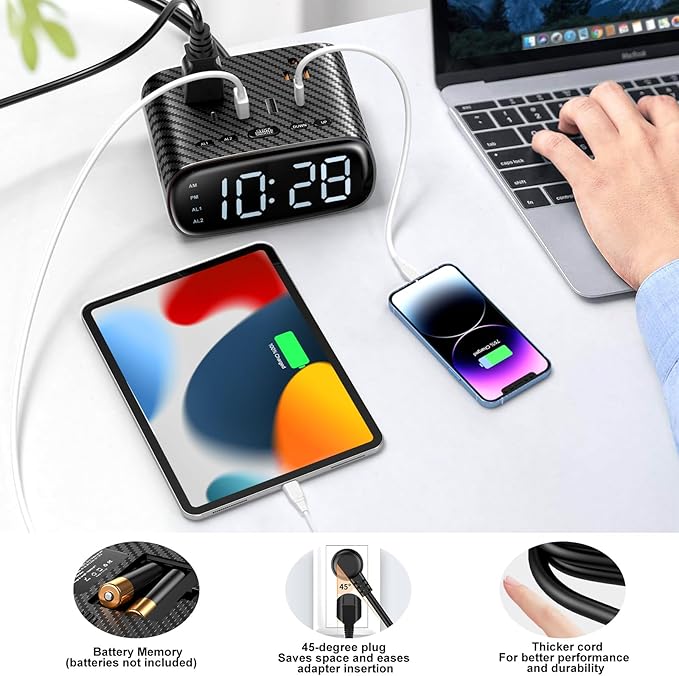 Sussex Alarm Clock with 2 USB-C, 2 USB-A Chargers Power Strip 2 Outlets - Screen LED Dimmable Digital Clock with Snooze Function - Dual Alarm for Bedside Nightstand