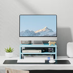 Marbrasse Monitor Stand Riser, 16.5 Inch 2 Tier Computer Printer Shelf Stand for Laptop Computer Screen Storage, Desktop Stand with Phone Holder and Cable Management (Blue)