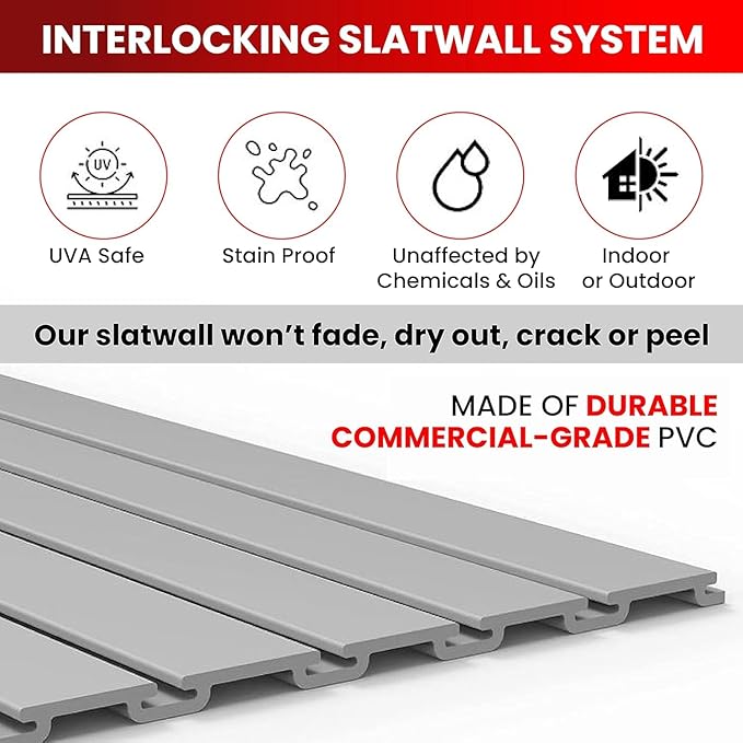 DLDIRECT 3 Colors - White Slatwall Panel Garage Organizer: Heavy Duty Wall Mounted PVC Rack, Interlocking Slat Paneling for Garage Storage, Slotwall Board, Shelves System