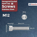 Kozelo 2pcs Socket Head Cap Screws - [M12-1.75 x 55mm] 304 Stainless Steel Allen Socket Drive for Electrical Motor 3D Printing Fan Engine Replacement Use, Silver
