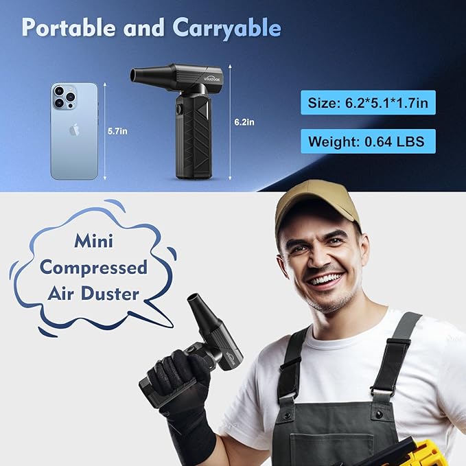 WHATOOK Compressed Air Duster: 180000RPM Air Blower with Stepless Speed Regulation Mode, Electric Air Duster with Brushless Motor, Air Duster for Keyboard, Computer, Car and Home Cleaning（Black）
