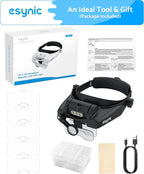 eSynic Type-C Rechargeable Magnifying Glasses Headset-Up to 14X Magnification-5 Interchangeable Lens-3 LED Lights -2 Adjustable Brightness Levels-Comfort & Fit Headband Magnifier for Crafts/Reading