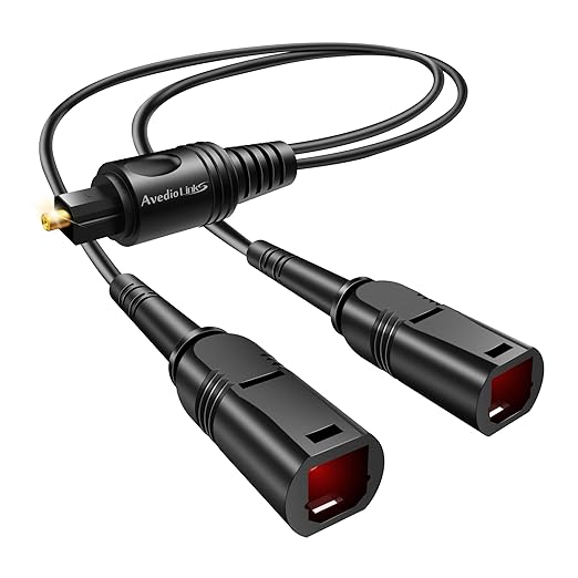 avedio links Optical Audio Cable Splitter 1 in 2 Out, Toslink Digital Fiber Audio Splitter 1 Male Input 2 Female Output Support LPCM2.0 Doldy DTS Digital & DTS 5.1CH for Xbox,PS4,TV Box,Sound Bar,etc