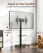 ECOTINY Steel Base Rolling TV Stand for 32-75 inch TVs up to 110 lbs, Leveling & Tilt & Swivel Mobile TV Stand with Hidden Wire Management, Height Adjustable Portable Tv Stand with Steel Shelf, Black