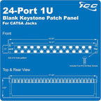 ICC 24-Port CAT6A Keystone 1U Patch Panel with CAT6A Keystone Jacks, 19” Rackmount Housing and Cable Support Bar, Staggered Ports to Reduce ANEXT, UL Listed PoE++ Compliant, ICMPP246AU