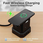 Uncaged Ergonomics Wireless Charger Cube Power Strip with USB Ports & Surge Protection, 10ft Extension Cord, 4 AC Plugs, 3 USB Ports (1C), Fast Charging, On/Off Switch, Nightstand Charger Station