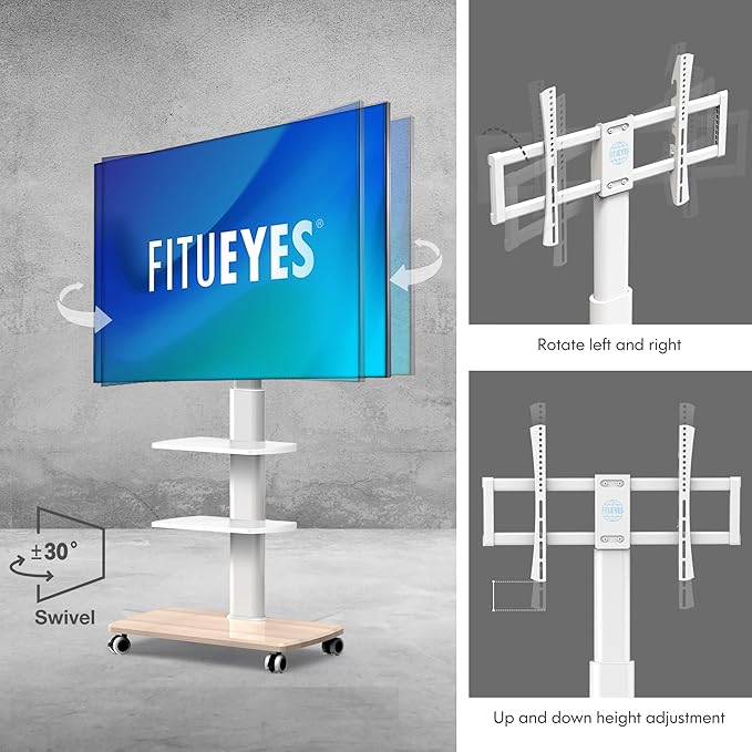 FITUEYES Rolling TV Stand, Mobile TV Cart on Wheels for 32-65 70 Inch Flat Screen TVs, Tall Floor TV Stand with Swivel Mount, Corner TV Stands for Bedroom, Living Room, Home Office,Small Dorm, White