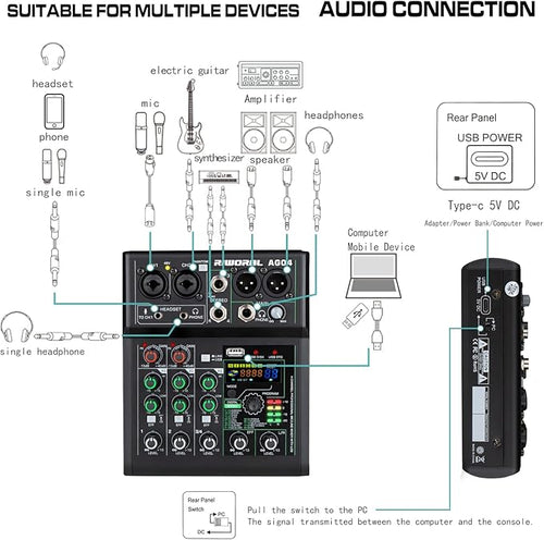 4 Channel Audio Mixer With Effects 88 Dsp Mixer Mixing Board Usb Interface Bluetooth Music Player + 48v Line Phantom Power Audio Mixer To Pc/Phone For Karaoke Record Livestream