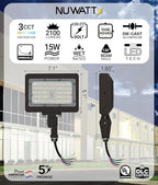 NUWATT 15W LED Flood Light, 3CCT 3000K/4000K/5000K Selectable, IP65 Waterproof Lighting, 1/2" Adjustable Knuckle Mount, 2100 Lumens, 120-277V, Outdoor Security Floodlight for Yard, Bronze, UL