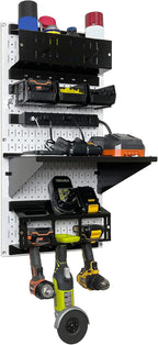 Wall Control Power Tool Storage Organizer Kit Cordless Drill Holder Charging Station Rack 16” x 32” Metal Pegboard Organization System (White Pegboard)