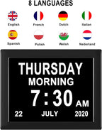 LaMi Products 7.85 Inch Dementia Clock for Seniors - Extra Large Display Digital Wall Clock with Day & Date, 12 Custom Alarms - High Contrast for Low Vision, Memory Care (Black)
