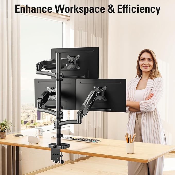 DreamAxis Triple Monitor Mount up to 32" Computer Screen, up to 19.8lbs Each, Adjustable 3 Monitor Stand with Clamp & Grommet Kit, Gas Spring Arm with Tilt Swivel Rotate, VESA Mount 75x75/100x100mm