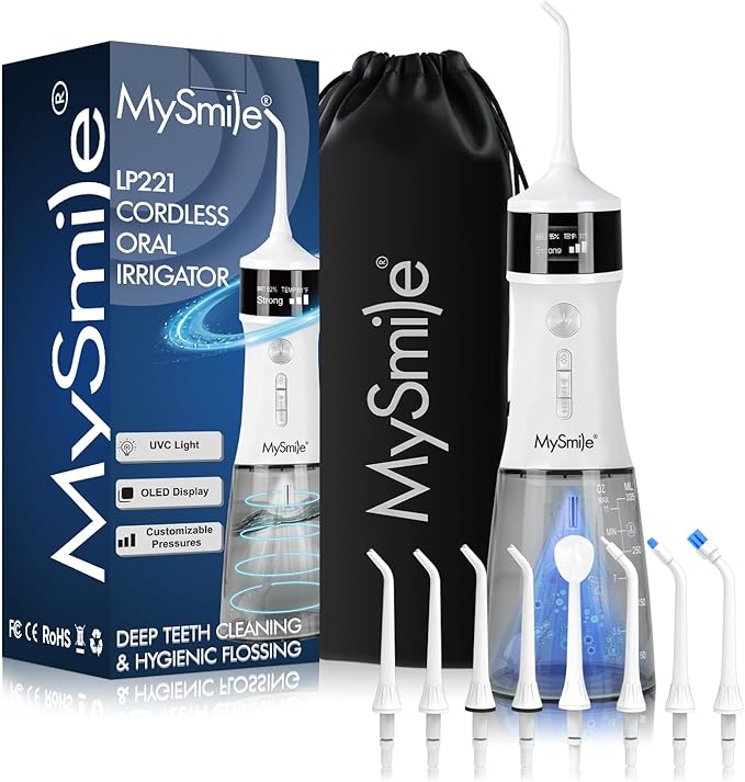 MySmile LP221 Cordless Water Flossers for Teeth with UVC Light Sanitizer and OLED Display, 335ML 4 Modes Water Teeth Cleaner Picks for Teeth Cleaning and Water Flossing (Pearl White)