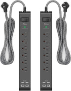 2 Pack Surge Protector Power Strip, 6 Outlets 4 USB Charging Ports, 12Ft Braided Extension Cord, Slim Flat Plug, Wall Mount, Desk Accessories, Home Office Essentials