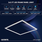 LUXRITE 2x2 FT Edge-Lit Frame LED Panel Lights, 5CCT Selectable 3000K-6500K, 2600/3900/5200LM, 20W/30W/40W Switch, Grid Drop Ceiling Lights, 0-10V Dimmable, Damp Rated, 100-277V, ETL Listed