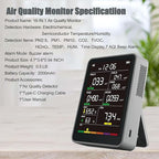 Professional Indoor Air Quality Monitor with AQI Alarms, Portable Real-Time Detector for Home Cars Plants and Pets (Cold Grey)