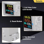 D52-2066 Single Phase Energy Meter with LCD Display Din Rail Electricity Usage Monitor for Voltage Current Power KWh Frequency Power Factor - 220V AC 40V-300V 100A Household & Industrial Use
