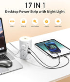AnnTane Power Strip Tower with Night Light, 15W Surge Protector Power Strip with USB Ports, 10 FT Extension Cord with Multiple Outlets (12AC+3A+2C) for Home Office Desk DormRoom (White)