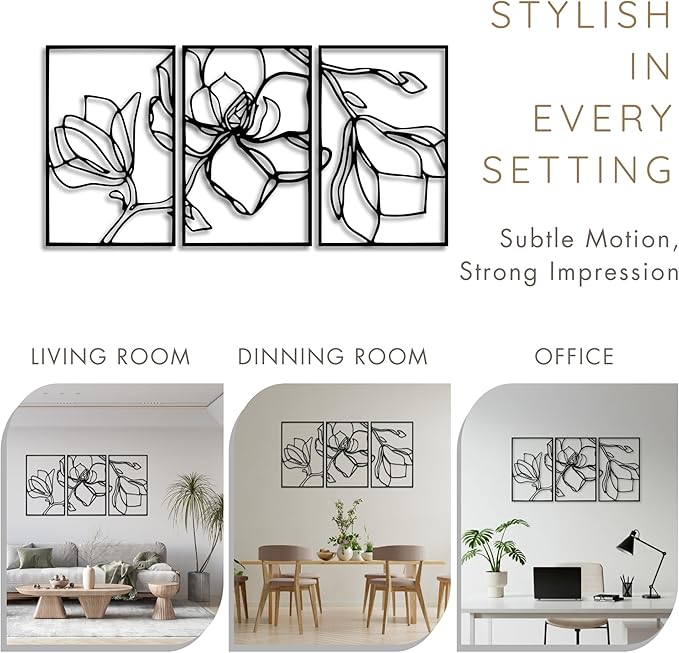 Wita Home Poppy Flower Metal Wall Art, 3-Panel Botanical Line Design, Modern Floral Wall Decor for Living Room, Bedroom, Office, Indoor & Outdoor Display (63×31 inches)