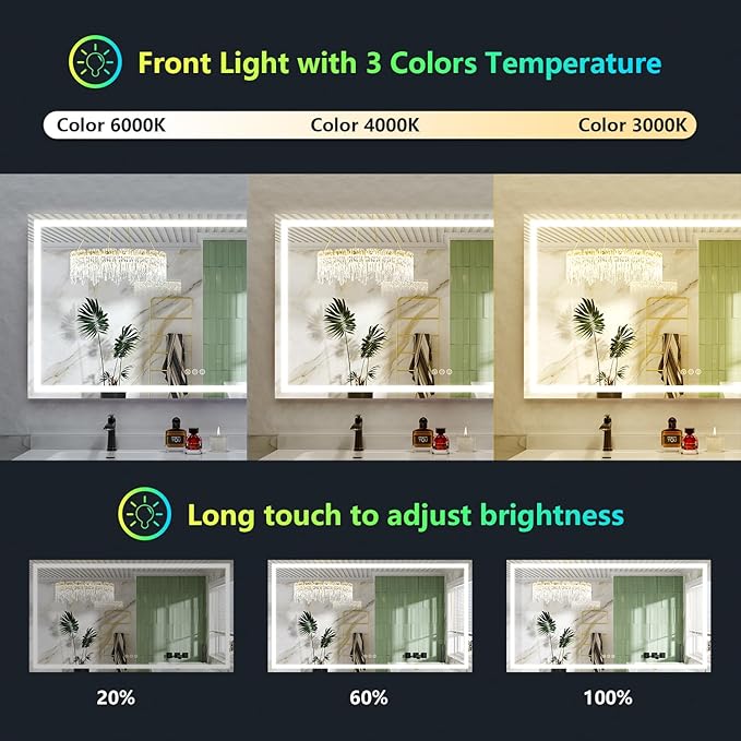 YEELAIT 68x36 Inch RGB LED Bathroom Mirror Front Light and RGB Backlit Lighted Vanity Mirror for Bathroom Wall Mounted Dimmable Anti Fog Memory Shatter-Proof IP54 Waterproof Horizontal/Vertical