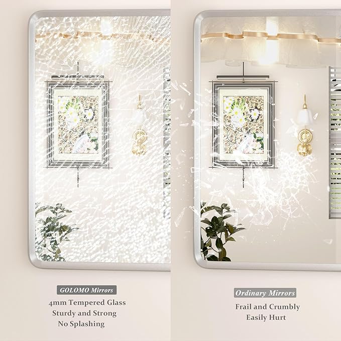 30x36 Inch Silver Bathroom Mirror, Brushed Silver Metal Frame Mirror, Rounded Rectangle Bathroom Vanity Mirror, Shatterproof, Anti-Rust (Horizontal/Vertical)