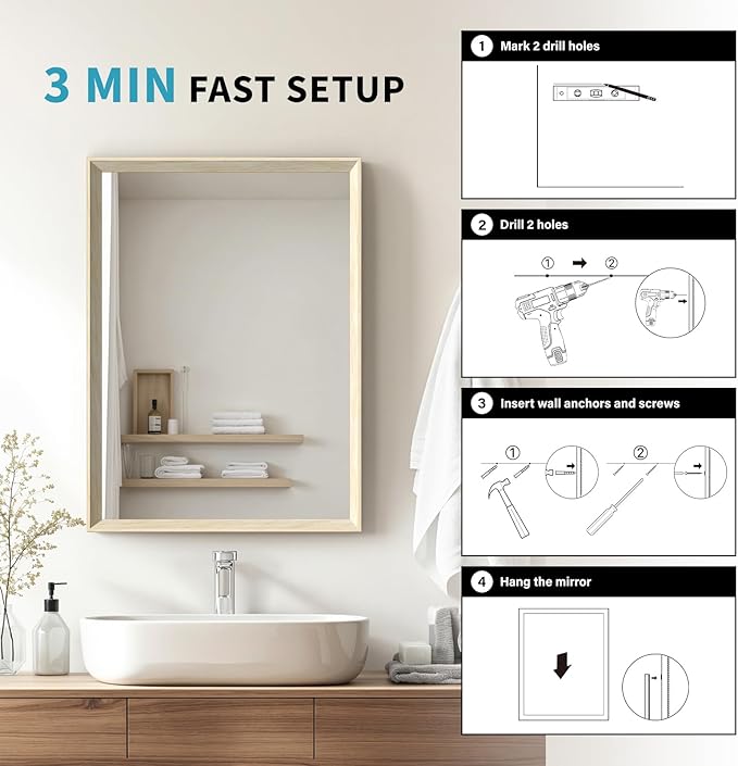 Oak Wood Effect Framed Wall Mirror, 20x30 Rectangle Mirror, Anti-desilvering Tempered Glass, Sustainable& Sturdy Frame, Anti-Rust, HD Reflection &3min Fast Setup for Bathroom Living Room