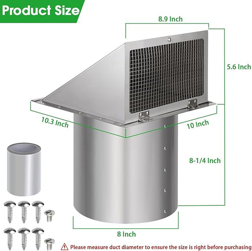 8 Inch Wall Vent,Hooded Wall Vent with Screen and Damper,Outdoor Wall Exhaust Vent Cover Exterior Wall Mount Cap for Kitchen Range Hood HVAC Duct Dryer Air Ventilation,Stainless Steel