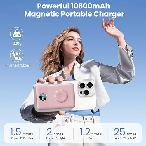 6 in 1 Magnetic Portable Charger for iPhone with Built-in Cables, 10800mAh 25W PD Fast Charging Power Bank, 6 Outputs Travel Essential Battery Pack for iPhone 17/16/15/14/13/12,Apple Watch (Pink)
