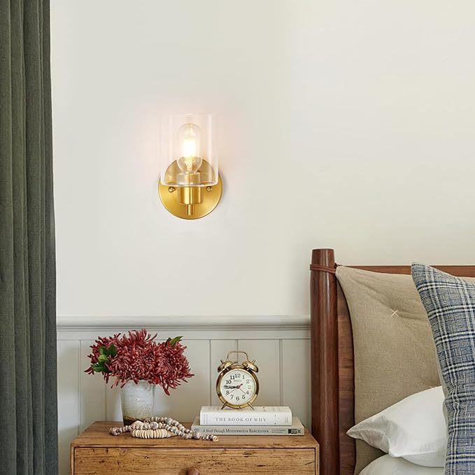 SOPEAS Brushed Gold Wall Sconce, Gold Vanity Light Modernbathroom Light fixtures with Clear Glass Shade Entrance Lamp Hallway Living Room Mount Bathroom Fixtures for Mirror (2PACK)