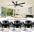 WINGBO 64" DC Ceiling Fan with Lights, 5 Carved Solid Wood Blades, 6-Speed Reversible DC Motor, Matte Black Finish Ceiling Fan with Remote, Black