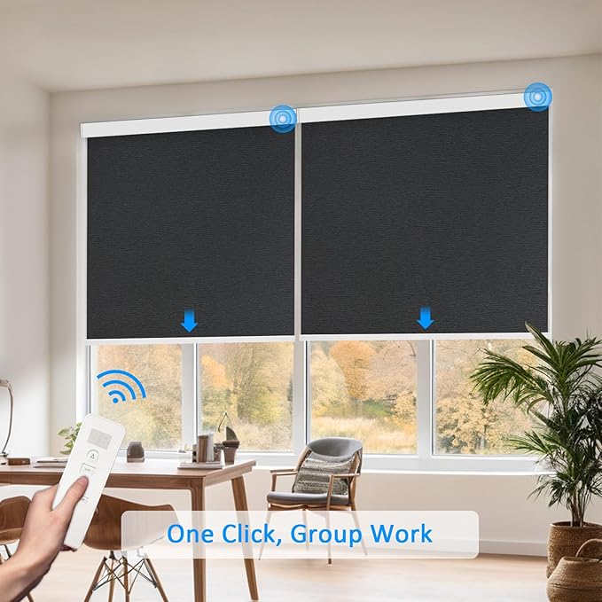 COOLWINDS Motorized Blinds with Remote Cordless Automatic Motorized Shades Custom Blinds for Windows Smart Curtains Compatible with Alexa Google Home(Blackout Jacquard Black,W68 x H72in)