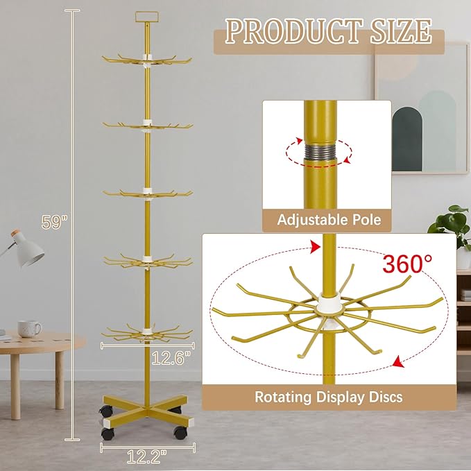 Exttlliy Retail Display Stand 5 Tier Metal Spinning Display Rack with Wheels Keychain Jewelry Stocking Hat Display Stand with Hooks for Malls, Showroom, Retail Store (Gold)