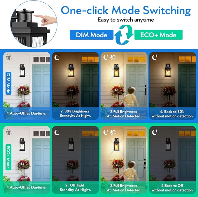 VIANIS Motion Sensor Exterior Lights for House, 2 Pack Dusk to Dawn Porch Lights Sconce Outdoor, Moden Black Outdoor Sconce Lights Lantern with Tempered Glass for Garage, Patio, Waterproof