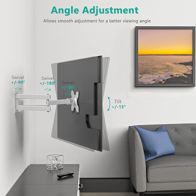 WALI TV Wall Mount Articulating LCD Monitor Full Motion 15 inch Extension Arm Tilt Swivel for Most 13 to 32 inch LED TV Flat Panel Screen with Mounting Holes up to 100x100mm (1330LM-W), White