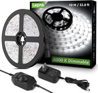 Lepro LED Strip Light, 32.8Ft Dimmable Vanity Lights, 6000K Super Bright LED Tape Lights, 600 LEDs SMD 2835, Strong 3M Adhesive, Suitable for Home, Kitchen, Under Cabinet, Bedroom, Daylight White