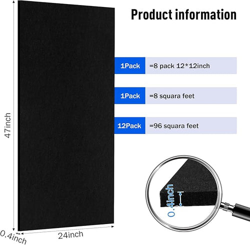 12 Pack Large Acoustic Panels, 47 x 24 x 0.4 Inch Self-adhesive Sound Absorbing Panel for Studio Home Office(Black)