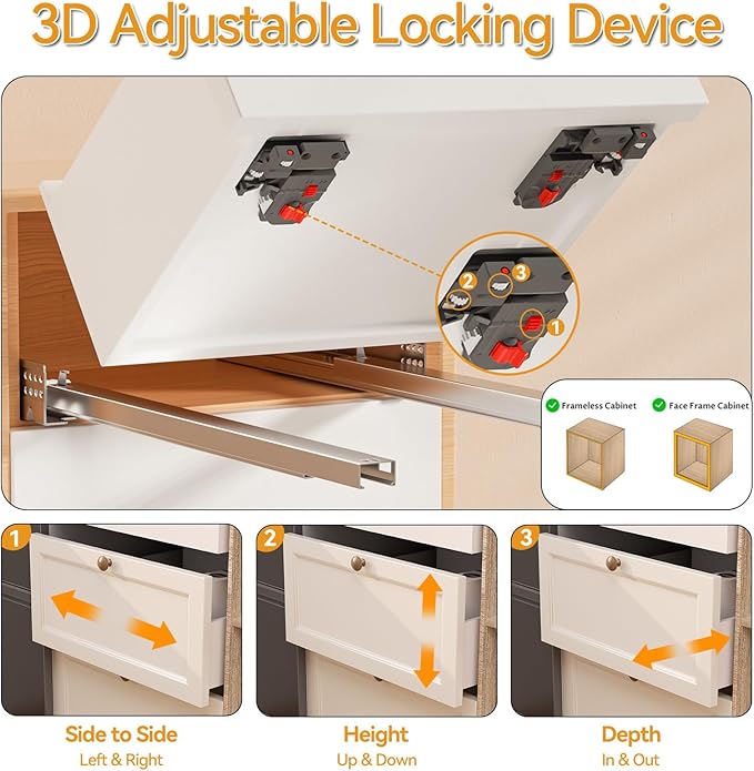 Chibery 12 15 18 21 Inch Undermount Soft Close Drawer Slides, Full Extension 3D Locking Device, Rear Mount Brackets, Concealed Bottom Mount Rails for face Frame Cabinet, 100 LB（18 inch, 6 Pair）