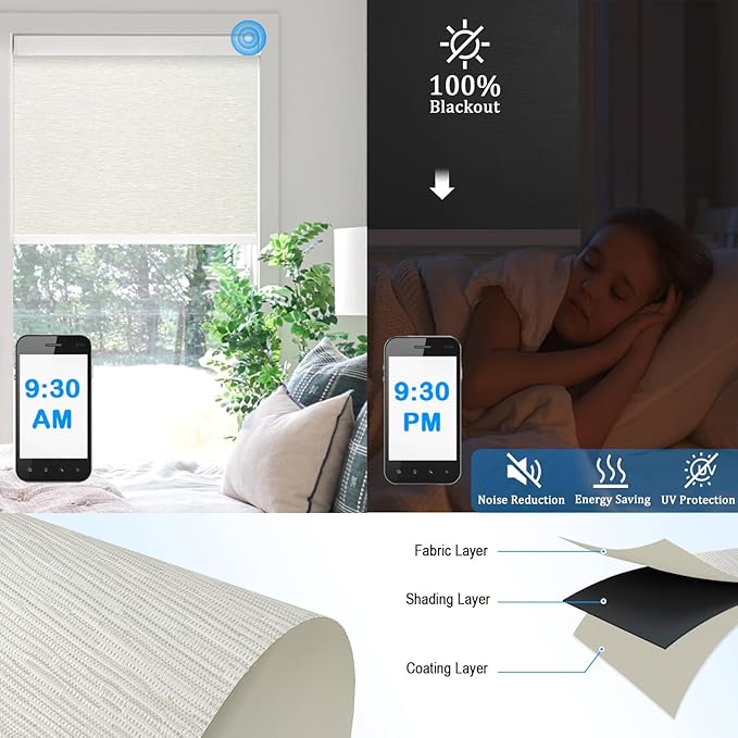 COOLWINDS Motorized Blinds with Remote Cordless Automatic Motorized Shades Custom Blinds for Windows Smart Curtains Compatible with Alexa Google Home(Blackout Jacquard Beige,W63 x H72in)