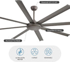 WINGBO 80 Inch Industrial Ceiling Fan without Light, 8 Aluminum Blades Ceiling Fan No Light, 6-Speed Reversible Noiseless DC Motor for Kitchen Bedroom Living Room, Charcoal Gray