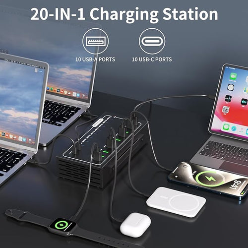 580W USB Charging Station, 20 Port (10 PD+10 QC) USB C Charger Block, Fast Charging Station for Multiple Devices with Smart Power Delivery for iPhone, iPad, Tablet and More